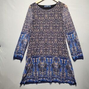 Highness‎ Damask Boho Shift Dress Womens M Blue Floral Chiffon Stretch Tunic Top